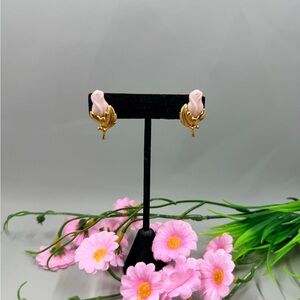 Vintage Pink Rose Bud Gold Plated Stud Earrings